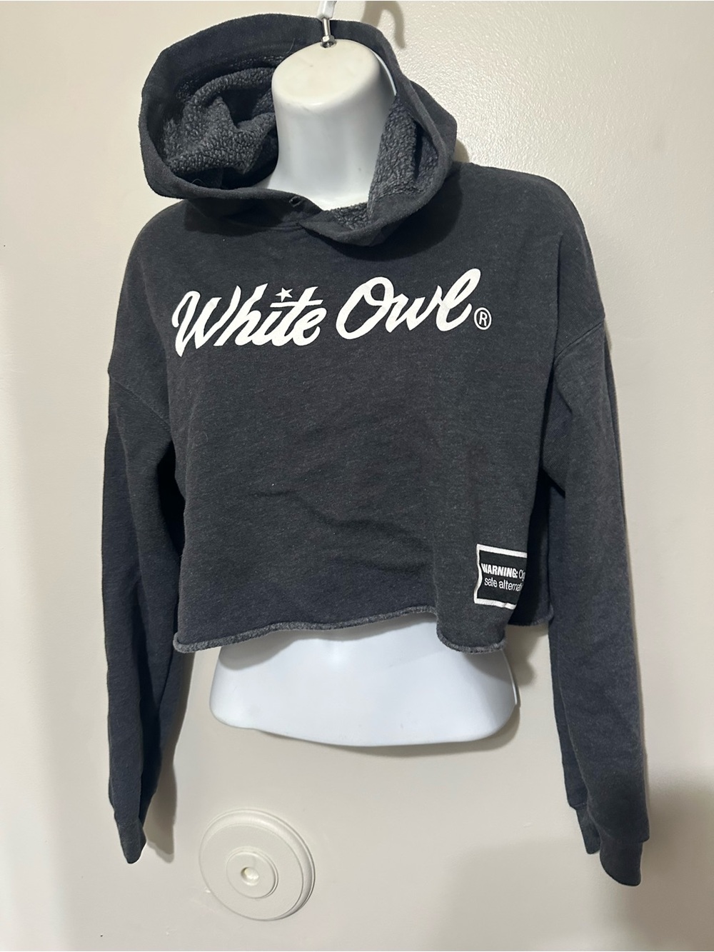 White Owl Charcoal Cropped Hoodie Size Small – Cozy Streetwear Style